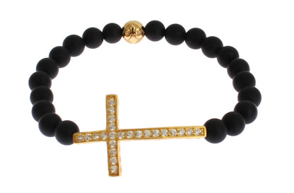 Nialaya Chic Matte Onyx Bead & CZ Diamond Cross Bracelet - The Home of Luxury