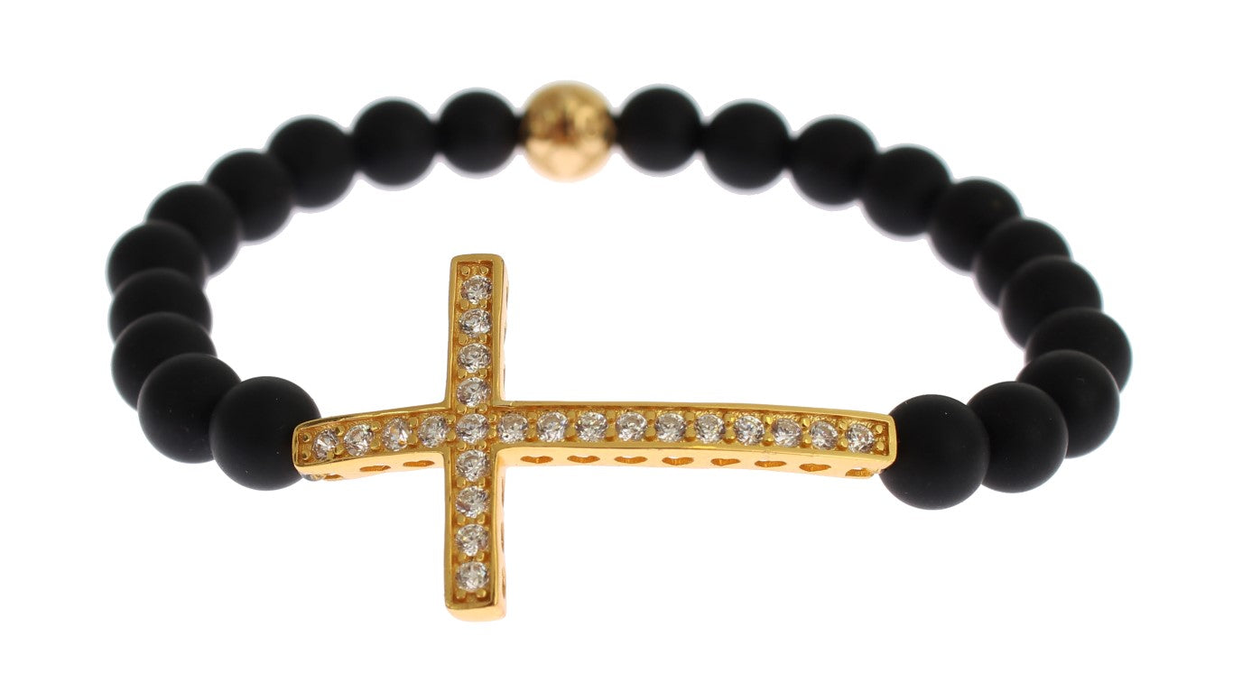 Nialaya Chic Matte Onyx Bead & CZ Diamond Cross Bracelet - The Home of Luxury