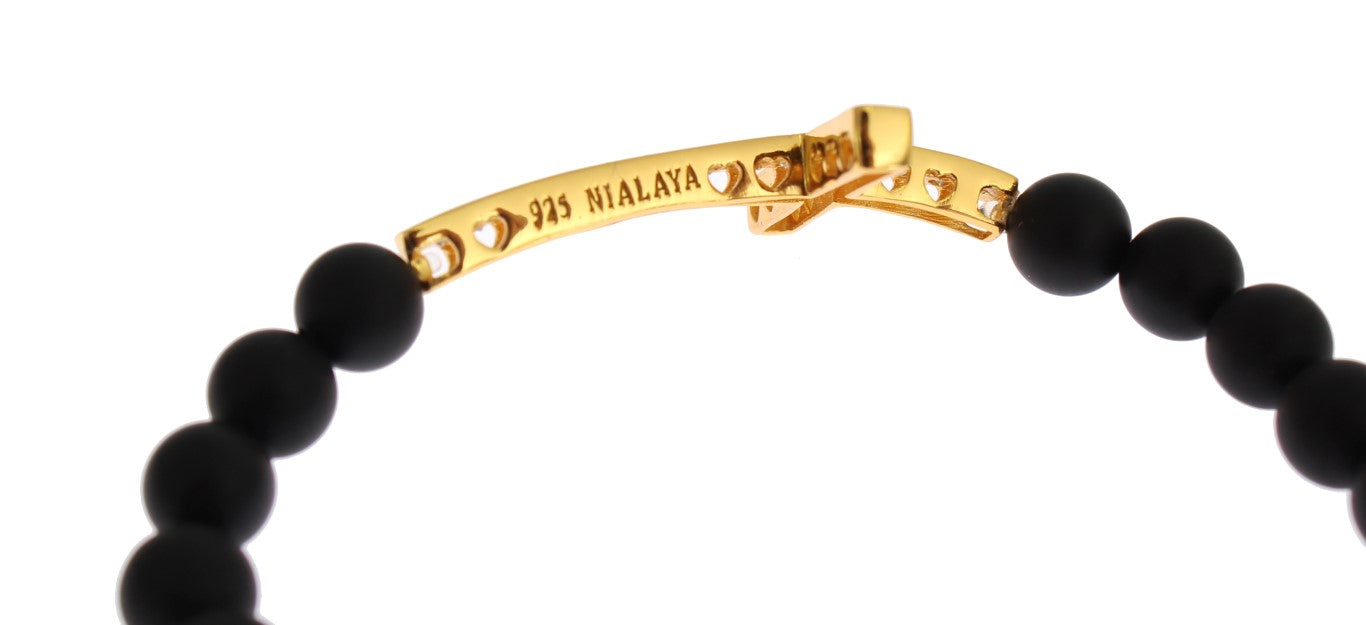 Nialaya Chic Matte Onyx Bead & CZ Diamond Cross Bracelet - The Home of Luxury