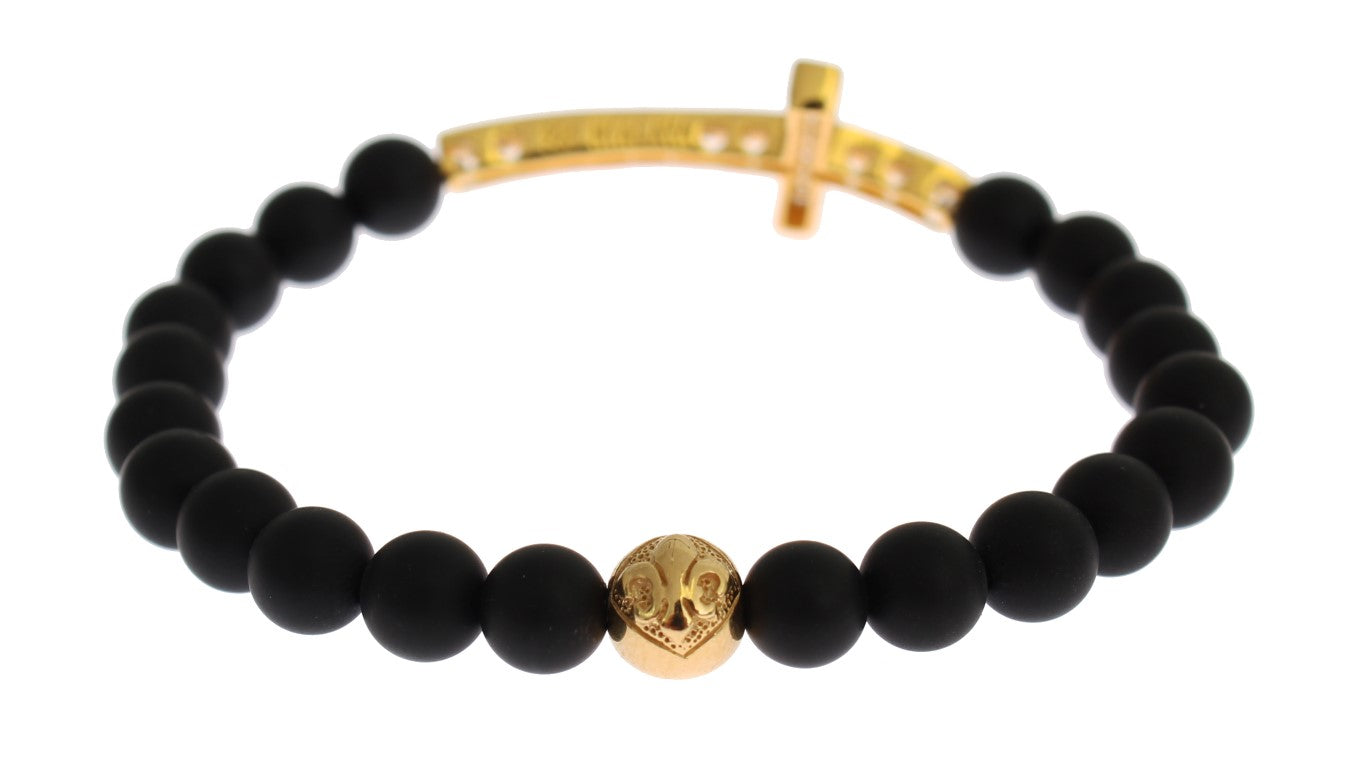 Nialaya Chic Matte Onyx Bead & CZ Diamond Cross Bracelet - The Home of Luxury