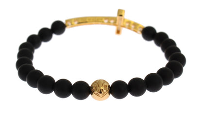 Nialaya Chic Matte Onyx Bead & CZ Diamond Cross Bracelet - The Home of Luxury