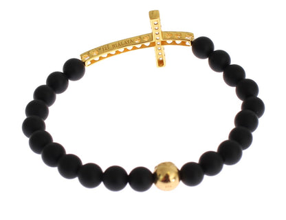 Nialaya Chic Matte Onyx Bead & CZ Diamond Cross Bracelet - The Home of Luxury