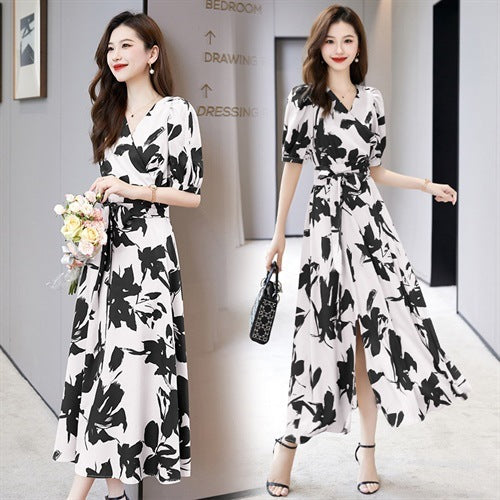 Fashion V-neck Printed Short Sleeve Dress Women - MA