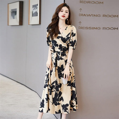 Fashion V-neck Printed Short Sleeve Dress Women - MA